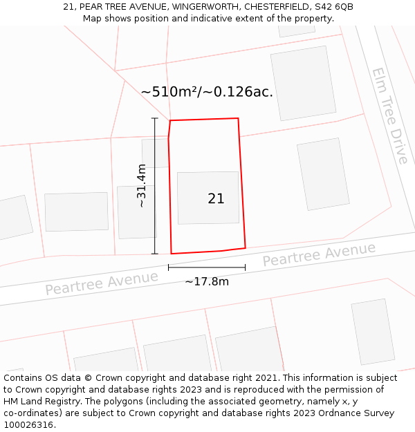 21, PEAR TREE AVENUE, WINGERWORTH, CHESTERFIELD, S42 6QB: Plot and title map