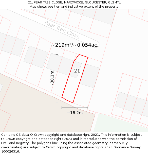 21, PEAR TREE CLOSE, HARDWICKE, GLOUCESTER, GL2 4TL: Plot and title map