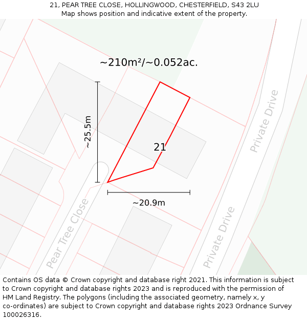21, PEAR TREE CLOSE, HOLLINGWOOD, CHESTERFIELD, S43 2LU: Plot and title map