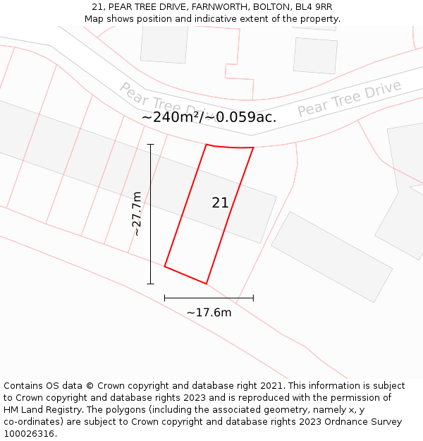 21, PEAR TREE DRIVE, FARNWORTH, BOLTON, BL4 9RR: Plot and title map