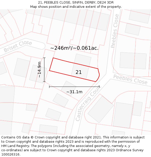 21, PEEBLES CLOSE, SINFIN, DERBY, DE24 3DR: Plot and title map