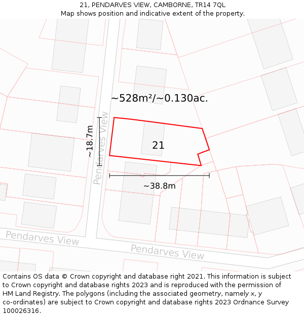 21, PENDARVES VIEW, CAMBORNE, TR14 7QL: Plot and title map