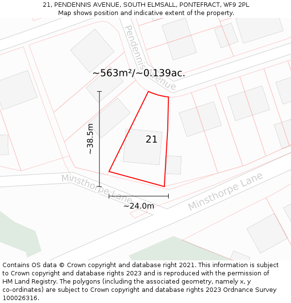 21, PENDENNIS AVENUE, SOUTH ELMSALL, PONTEFRACT, WF9 2PL: Plot and title map