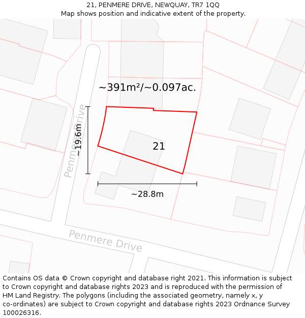 21, PENMERE DRIVE, NEWQUAY, TR7 1QQ: Plot and title map