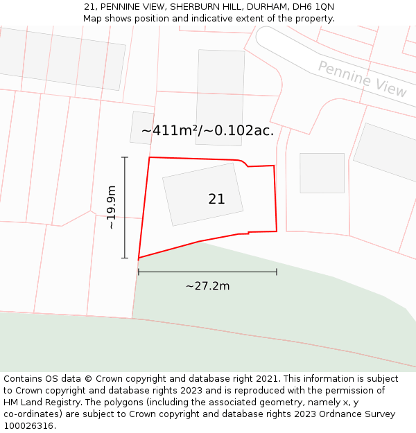 21, PENNINE VIEW, SHERBURN HILL, DURHAM, DH6 1QN: Plot and title map