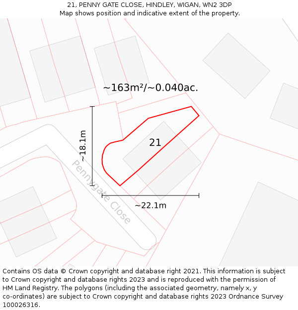 21, PENNY GATE CLOSE, HINDLEY, WIGAN, WN2 3DP: Plot and title map