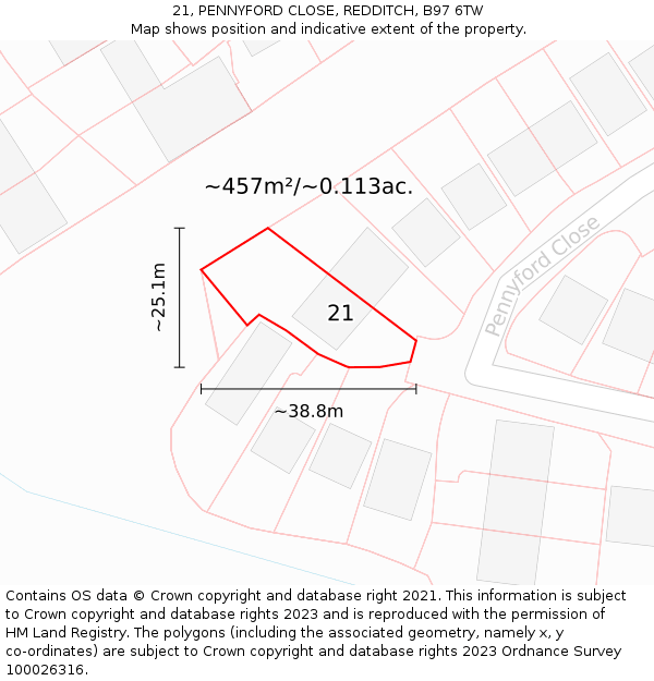 21, PENNYFORD CLOSE, REDDITCH, B97 6TW: Plot and title map