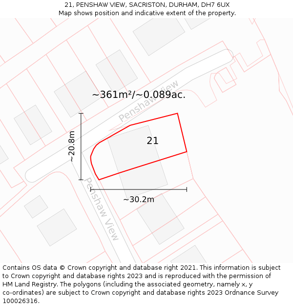 21, PENSHAW VIEW, SACRISTON, DURHAM, DH7 6UX: Plot and title map