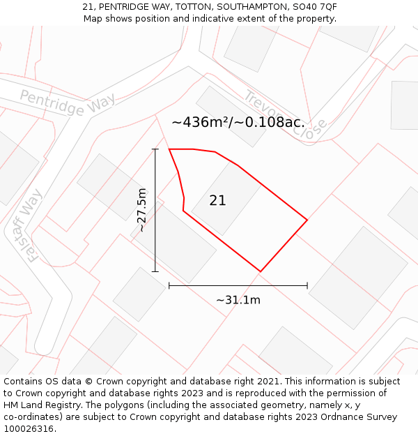 21, PENTRIDGE WAY, TOTTON, SOUTHAMPTON, SO40 7QF: Plot and title map