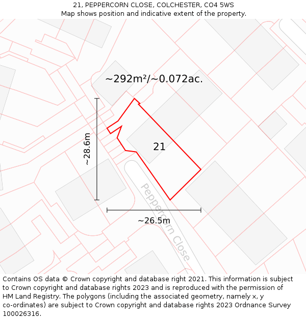 21, PEPPERCORN CLOSE, COLCHESTER, CO4 5WS: Plot and title map