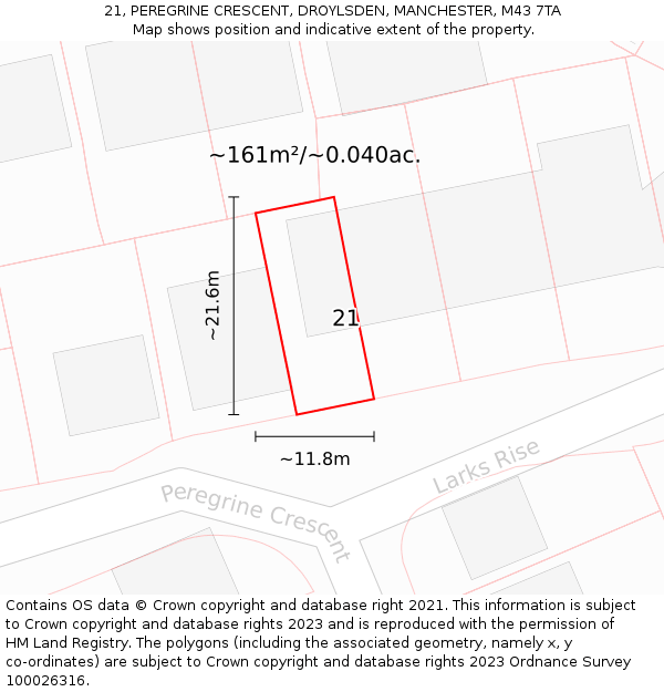 21, PEREGRINE CRESCENT, DROYLSDEN, MANCHESTER, M43 7TA: Plot and title map