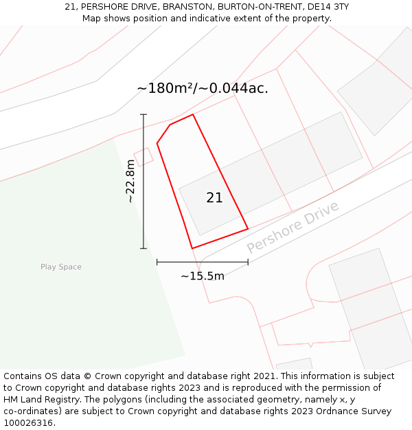 21, PERSHORE DRIVE, BRANSTON, BURTON-ON-TRENT, DE14 3TY: Plot and title map