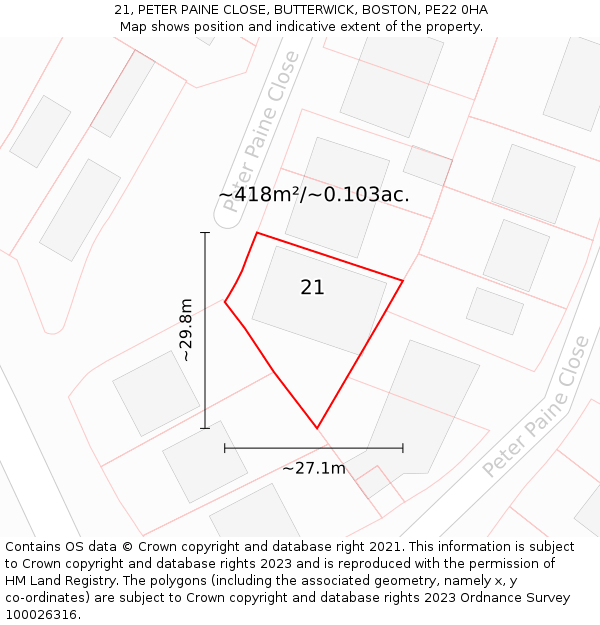 21, PETER PAINE CLOSE, BUTTERWICK, BOSTON, PE22 0HA: Plot and title map