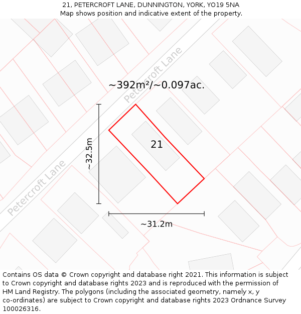 21, PETERCROFT LANE, DUNNINGTON, YORK, YO19 5NA: Plot and title map