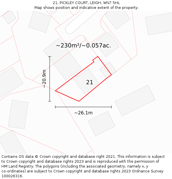 21, PICKLEY COURT, LEIGH, WN7 5HL: Plot and title map