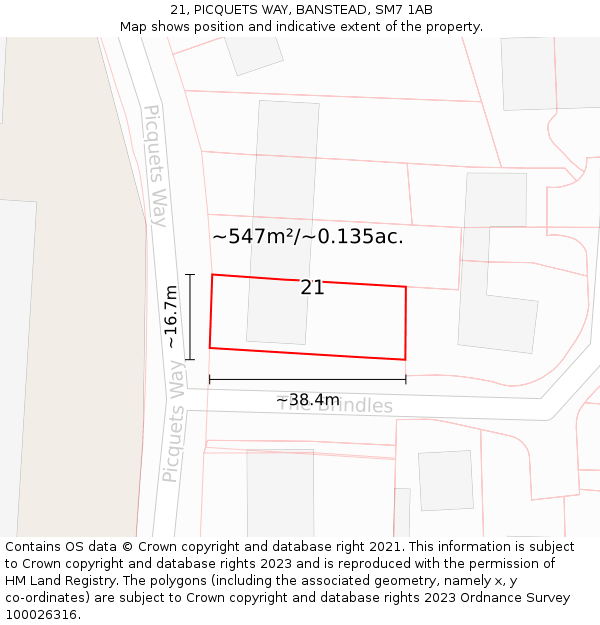 21, PICQUETS WAY, BANSTEAD, SM7 1AB: Plot and title map