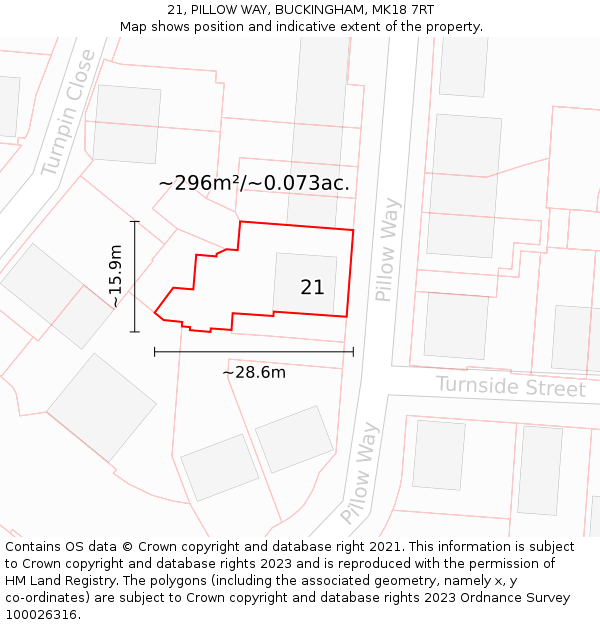 21, PILLOW WAY, BUCKINGHAM, MK18 7RT: Plot and title map