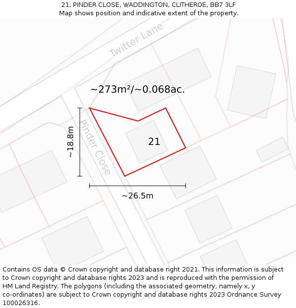 21, PINDER CLOSE, WADDINGTON, CLITHEROE, BB7 3LF: Plot and title map
