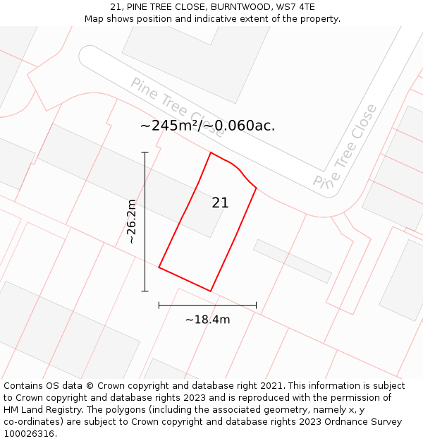 21, PINE TREE CLOSE, BURNTWOOD, WS7 4TE: Plot and title map