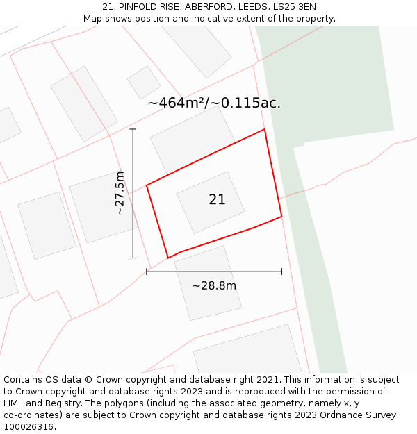 21, PINFOLD RISE, ABERFORD, LEEDS, LS25 3EN: Plot and title map