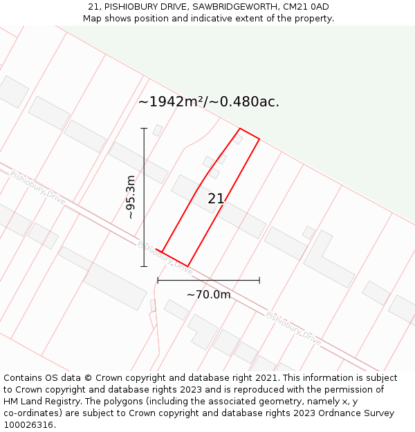 21, PISHIOBURY DRIVE, SAWBRIDGEWORTH, CM21 0AD: Plot and title map