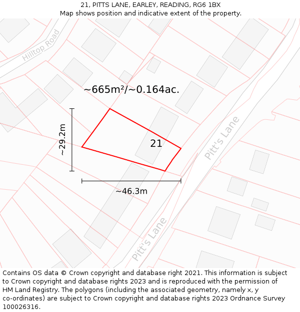 21, PITTS LANE, EARLEY, READING, RG6 1BX: Plot and title map