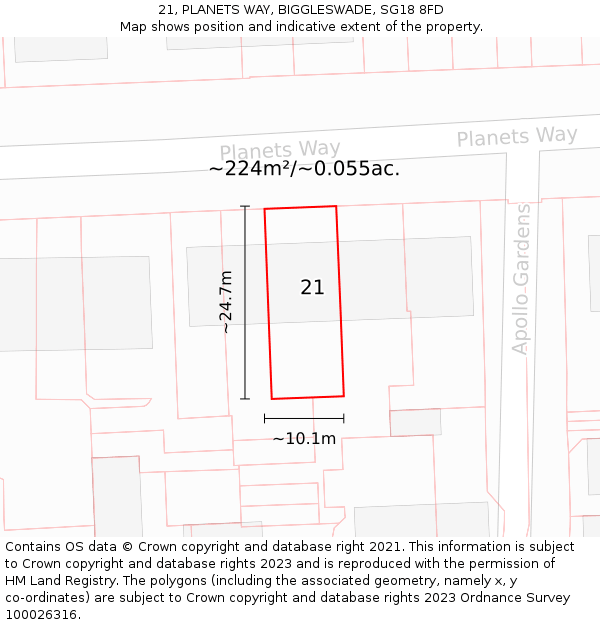 21, PLANETS WAY, BIGGLESWADE, SG18 8FD: Plot and title map