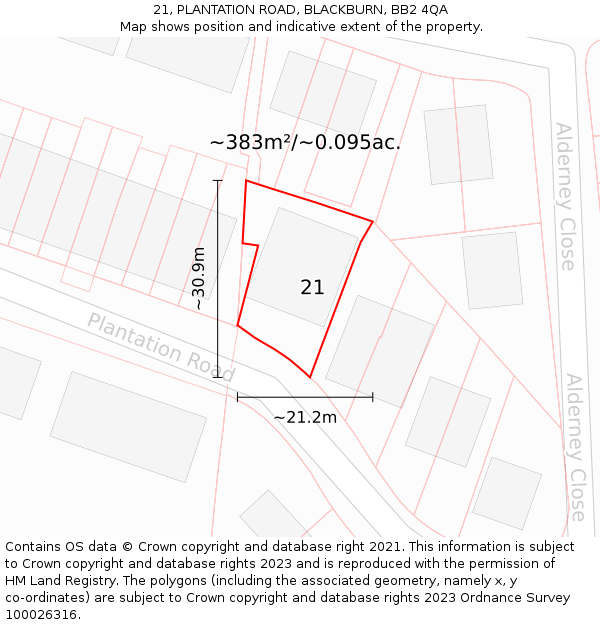 21, PLANTATION ROAD, BLACKBURN, BB2 4QA: Plot and title map
