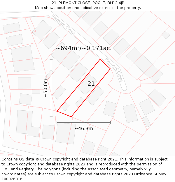 21, PLEMONT CLOSE, POOLE, BH12 4JP: Plot and title map