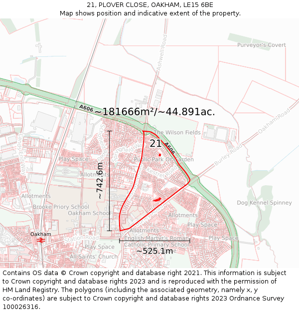 21, PLOVER CLOSE, OAKHAM, LE15 6BE: Plot and title map