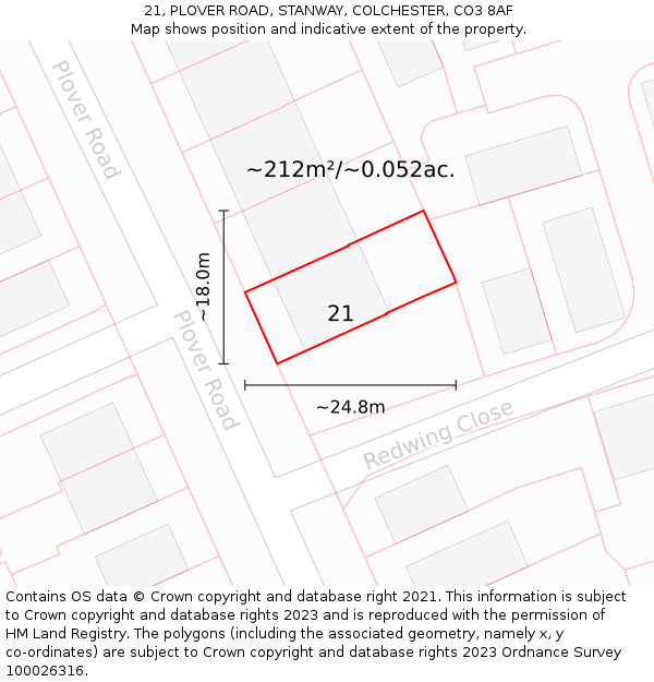21, PLOVER ROAD, STANWAY, COLCHESTER, CO3 8AF: Plot and title map
