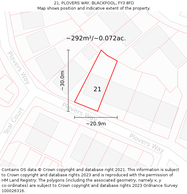 21, PLOVERS WAY, BLACKPOOL, FY3 8FD: Plot and title map