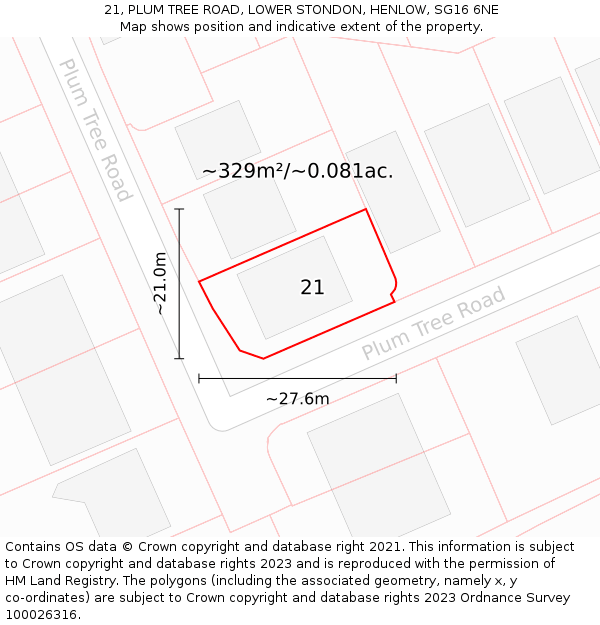 21, PLUM TREE ROAD, LOWER STONDON, HENLOW, SG16 6NE: Plot and title map