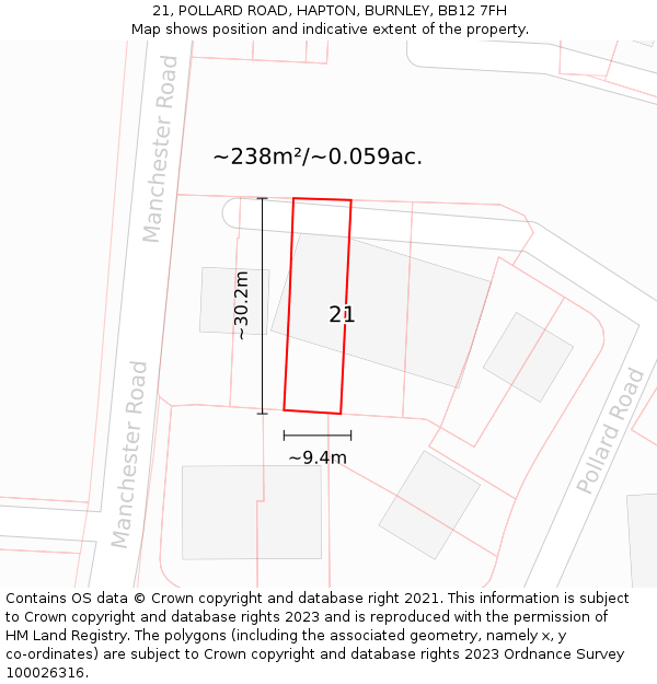 21, POLLARD ROAD, HAPTON, BURNLEY, BB12 7FH: Plot and title map