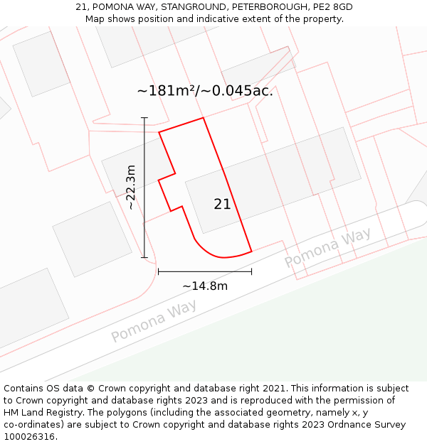 21, POMONA WAY, STANGROUND, PETERBOROUGH, PE2 8GD: Plot and title map