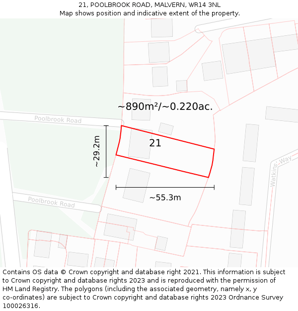 21, POOLBROOK ROAD, MALVERN, WR14 3NL: Plot and title map