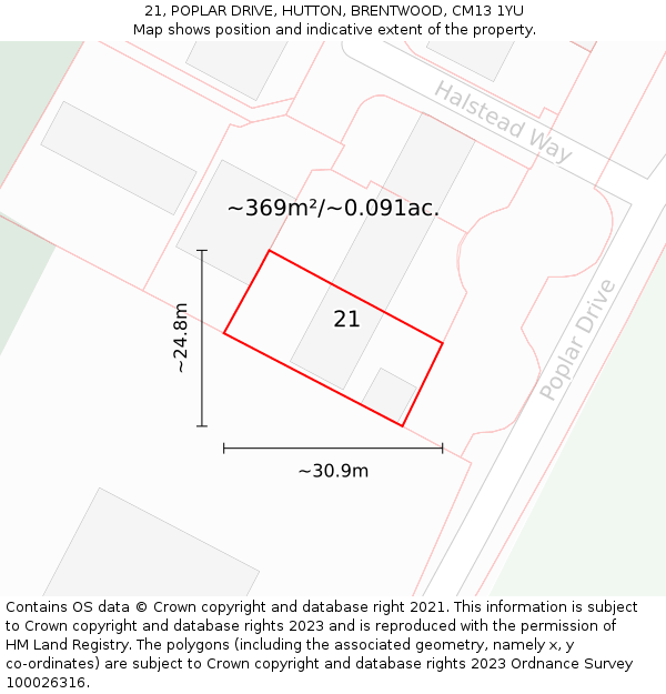 21, POPLAR DRIVE, HUTTON, BRENTWOOD, CM13 1YU: Plot and title map