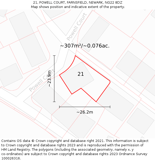 21, POWELL COURT, FARNSFIELD, NEWARK, NG22 8DZ: Plot and title map