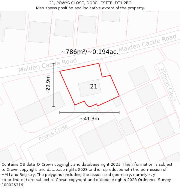 21, POWYS CLOSE, DORCHESTER, DT1 2RG: Plot and title map
