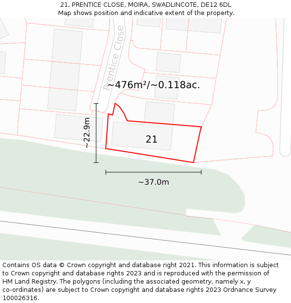 21, PRENTICE CLOSE, MOIRA, SWADLINCOTE, DE12 6DL: Plot and title map