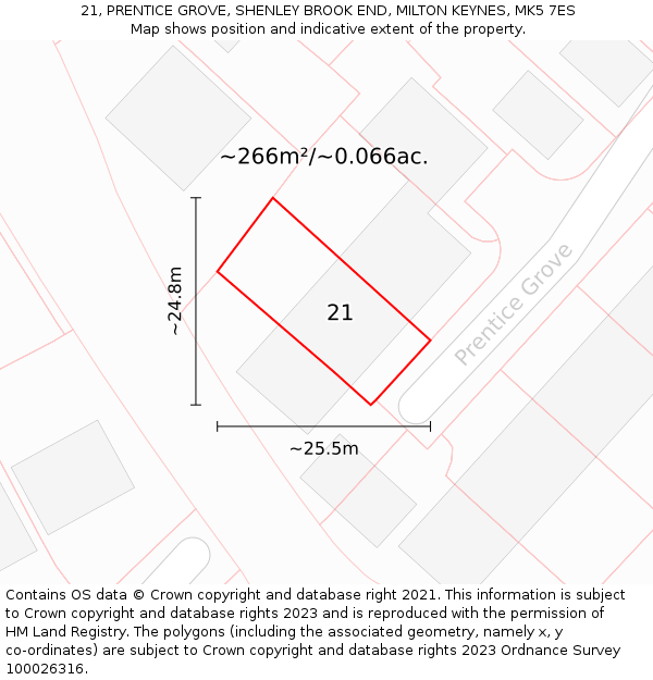 21, PRENTICE GROVE, SHENLEY BROOK END, MILTON KEYNES, MK5 7ES: Plot and title map