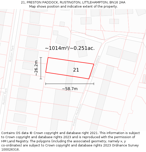 21, PRESTON PADDOCK, RUSTINGTON, LITTLEHAMPTON, BN16 2AA: Plot and title map