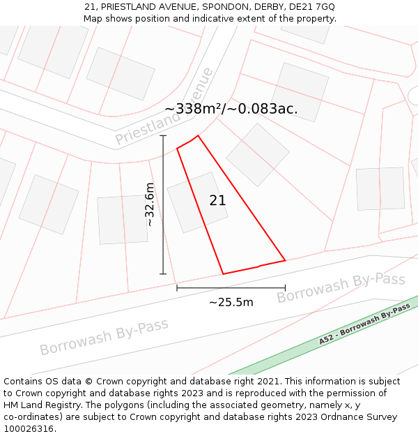 21, PRIESTLAND AVENUE, SPONDON, DERBY, DE21 7GQ: Plot and title map