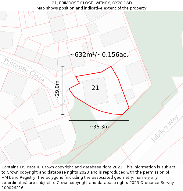 21, PRIMROSE CLOSE, WITNEY, OX28 1AD: Plot and title map