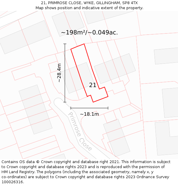 21, PRIMROSE CLOSE, WYKE, GILLINGHAM, SP8 4TX: Plot and title map