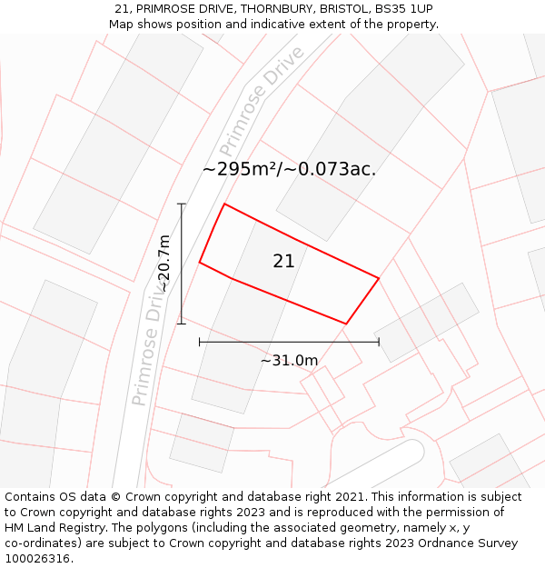 21, PRIMROSE DRIVE, THORNBURY, BRISTOL, BS35 1UP: Plot and title map
