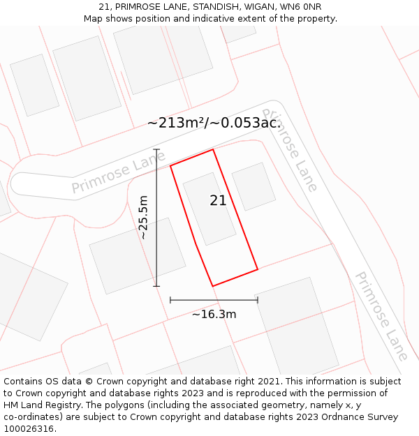 21, PRIMROSE LANE, STANDISH, WIGAN, WN6 0NR: Plot and title map