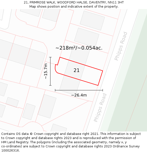 21, PRIMROSE WALK, WOODFORD HALSE, DAVENTRY, NN11 3HT: Plot and title map