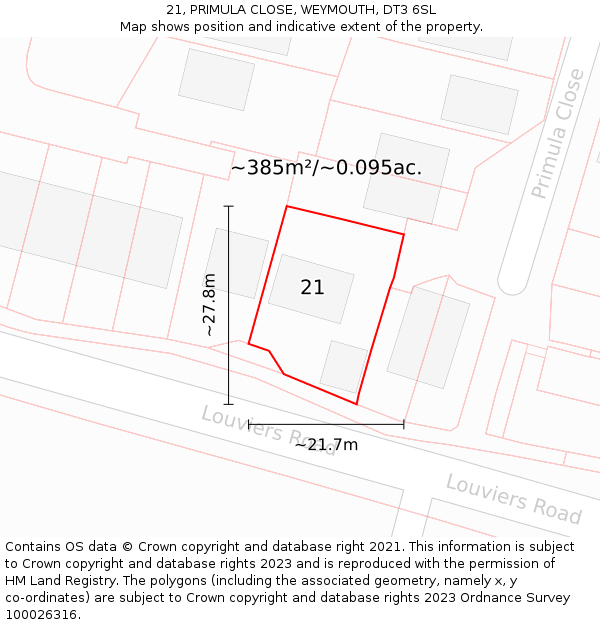21, PRIMULA CLOSE, WEYMOUTH, DT3 6SL: Plot and title map