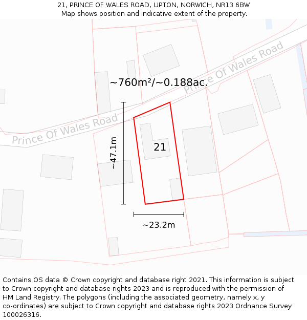 21, PRINCE OF WALES ROAD, UPTON, NORWICH, NR13 6BW: Plot and title map